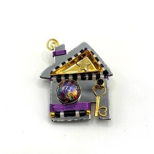 Signed Liztech Charming House Brooch with Key Accent